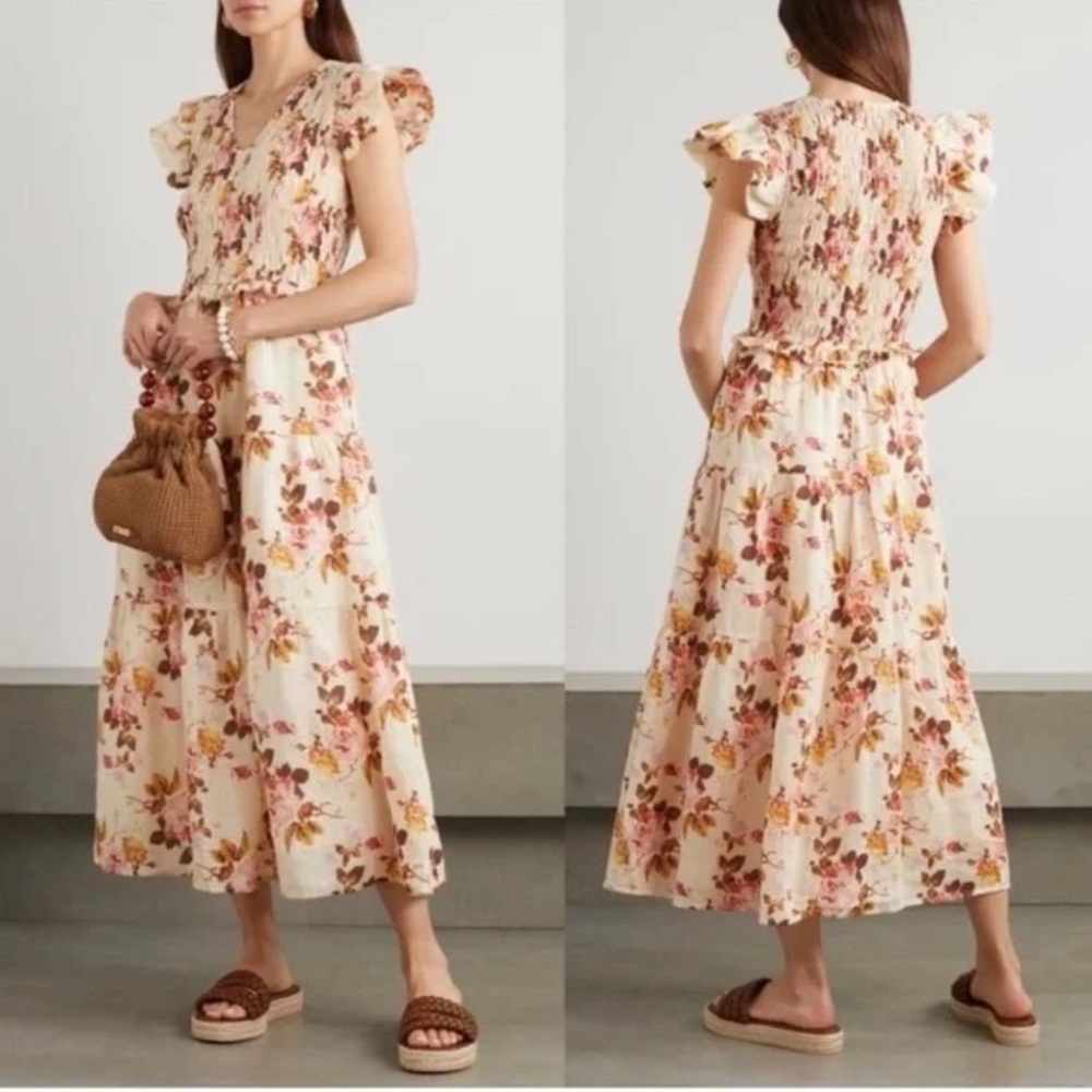 SEA. Floral midi smocked dress